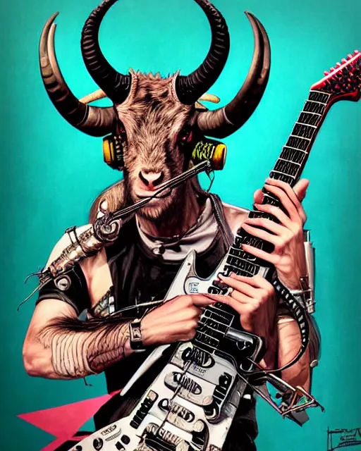 Image similar to a portrait of an anthropomorphic cyberpunk horned goat shredding an electric guitar by sandra chevrier, by jon foster, detailed render, epic composition, cybernetics, 4 k realistic, cryengine, realistic shaded lighting, sharp focus, masterpiece, by enki bilal