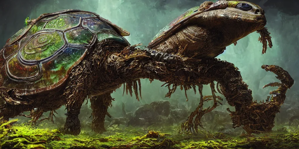 Image similar to a bird turtle mushroom jelly tractor hybrid creature monster with metal scales feathers fur moss spines knobs, rich diverse lush alien world, fantasy, science fiction, dramatic lighting, in the style of national geographic, hannah yata, ken barthelmey, illustration, octane render