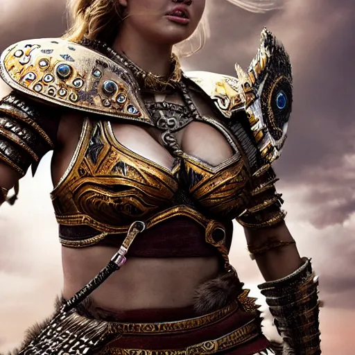 Prompt: kate upton as an amazon warrior ornate armour , highly detailed, 4k, HDR, smooth, sharp focus, hyper realistic, high resolution, award-winning photo