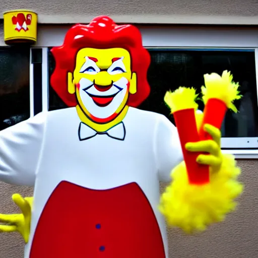 Image similar to ronald mcdonald dancing in a chicken battery.