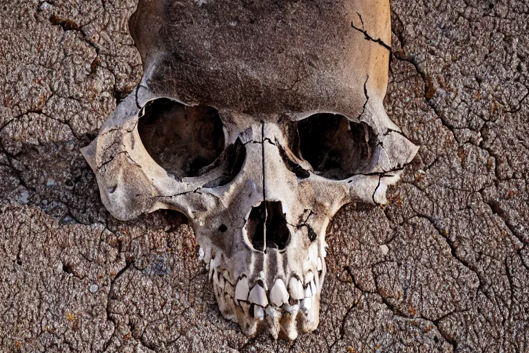 Prompt: Dry river bed with a rusty broken bridge, macro photo of an animal skull bleached by the sun, post apocalyptic, dystopian