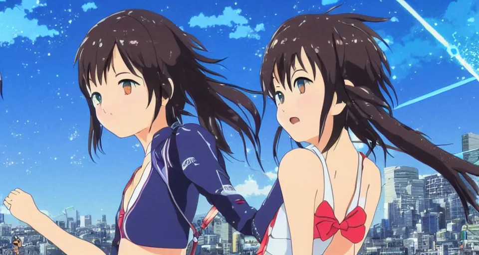 Prompt: a stunning frame from the anime kimi no na wa your name, a cute neko cat girl in a bathing suit looks at the city, amazing athletic figure, beautiful, ultradetailed face. hyper detailed drawing, profile photo