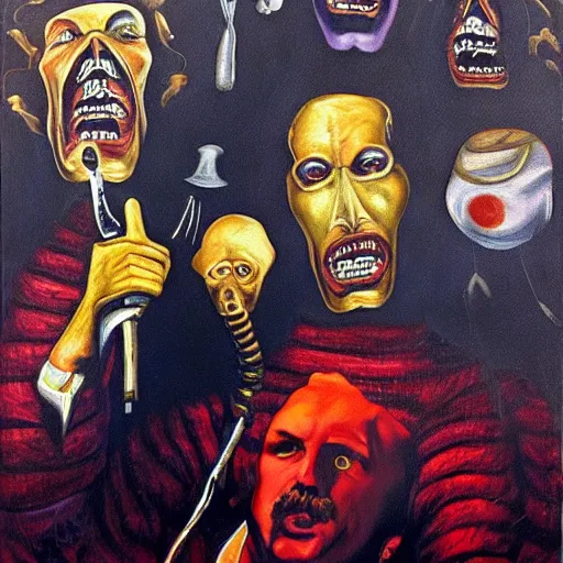 Image similar to Freddy Mercury and his internal demons, surrealist painting