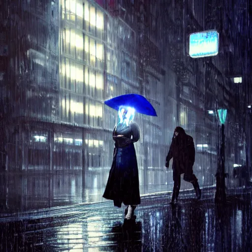 Image similar to cyborg woman, industrial designed, machined parts, illuminated micro led light circuits, walking dog in public, cinematic, raining, tokyo, streets, night, highly detailed, photographic, centered, by saroyama and greg rutkowski and james gurney