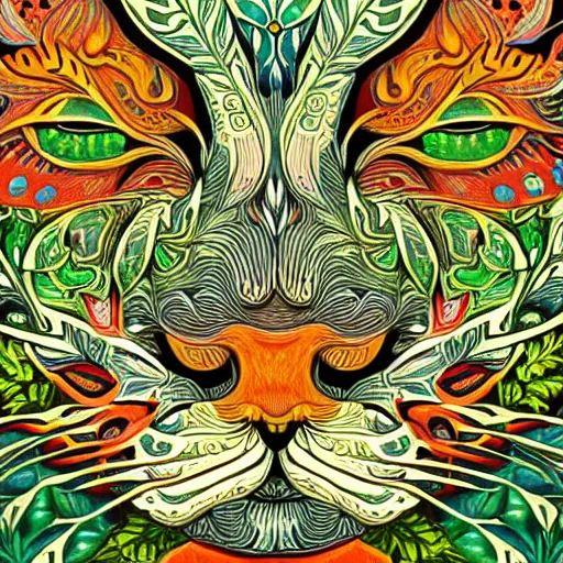 Image similar to colourful ornate decorative green man as a cat face by louis wain and william morris, closeup, twisting leaves, 8 k, artstation