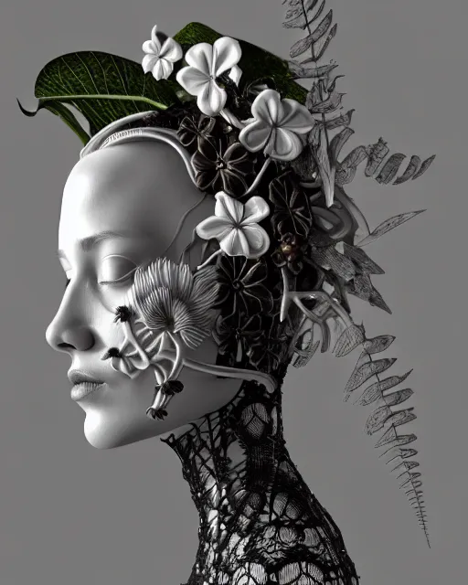 Prompt: monochrome 3 d model, 1 9 4 0 picture, floral vegetal steampunk biomechanical beautiful young female cyborg with porcelain profile face and a techno eye, volumetric light, leaves foliage and stems, hibiscus flowers, sinuous fine roots, fine foliage lace, alexander mcqueen, rim light, big gothic fashion pearl embroidered collar, octane render, 8 k