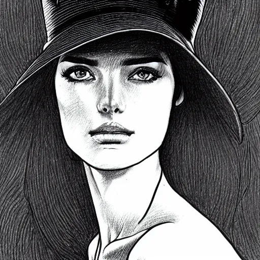 Image similar to drawing portrait of beautiful gorgeous woman with hat by Moebius science fiction