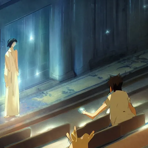 Prompt: Behold my talent and listen to the thunderous applause, Then praise me, Praise my Golden Theater, Anime concept art by Makoto Shinkai