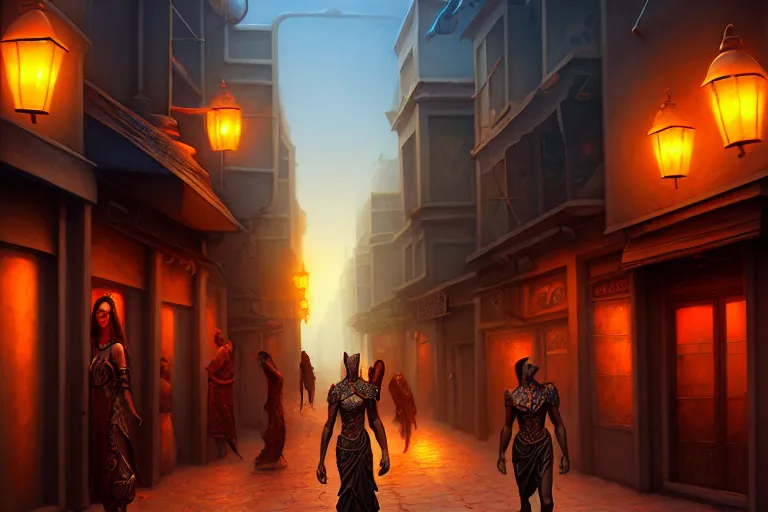 Image similar to a bazaar street in the city of tyr from athas, amazing dark sun digital painting, by gerald brom, brom digital art, intricate details, ultra realistic, beautiful art by brom, volumetric lighting, by brom, trending cgsociety, highly detailed, rim light, art, cinematic lighting, artstation, rim lighting, 8 k