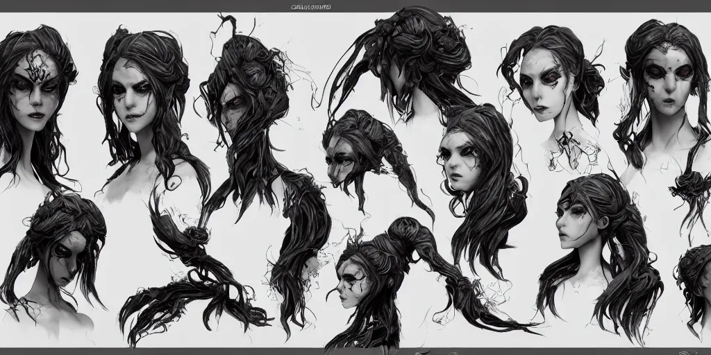 Image similar to gothic mermaid character face detail designs, Greg Rutkowski, character sheet, kim jung gi, Darek Zabrocki, Karlkka, Jayison Devadas, Phuoc Quan, trending on Artstation, 8K, ultra wide angle, pincushion lens effect