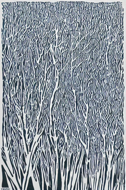 Image similar to reaction diffusion artwork of a winter forest, reaction diffusion linocut, as reaction diffusion