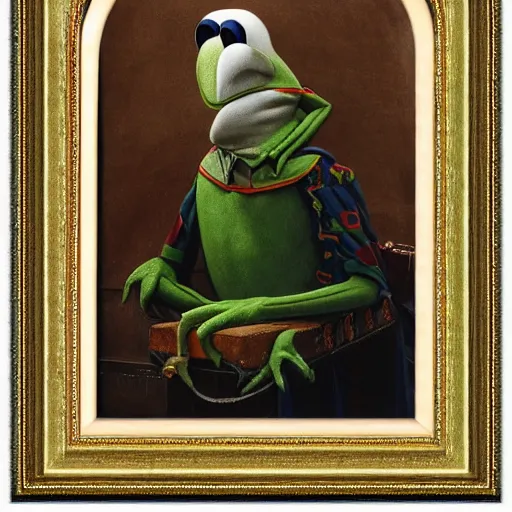 Image similar to kermit the frog : : framed : : fancy portrait : : decorated military uniform : : 8 k, highly detailed, clean lines, line work, intricate : : painting by john william godward