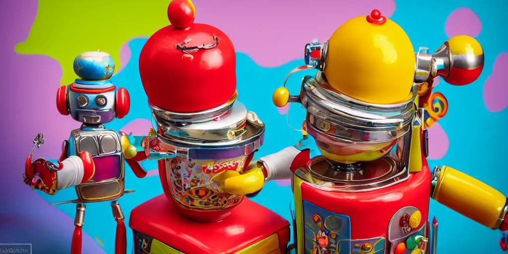 Prompt: closeup portrait of tin toy retro pastry chef robot mixing colourful chemicals and cooking pastry cake in a kitchen, depth of field, zeiss lens, detailed, centered, fashion photoshoot, by nicoletta ceccoli, mark ryden, lostfish, breathtaking, 8 k resolution, extremely detailed, beautiful, establishing shot, artistic, hyperrealistic, octane render