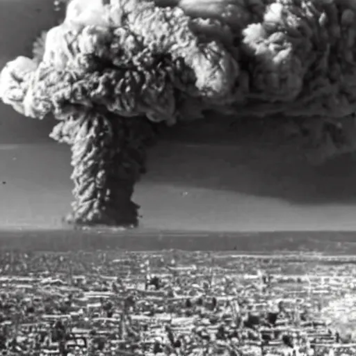 Image similar to nuclear explosion, mushroom cloud, 2 4 0 p full color grainy footage, 2 0 0 6 youtube video, shockwave destroyed buildings, helicopter footage over city, fleeing crowds of people — ar 4 : 3