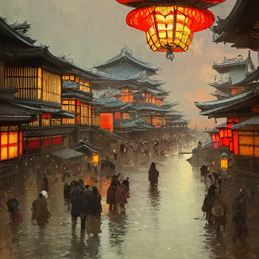 Prompt: a beautiful painting of the lantern festival in old kyoto, intricate, elegant, highly detailed, digital painting, artstation, concept art, by krenz cushart and artem demura and alphonse mucha