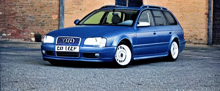 Prompt: Beater Denim Blue Audi A4 B6 Avant (2002) with patina, created by Barclay Shaw