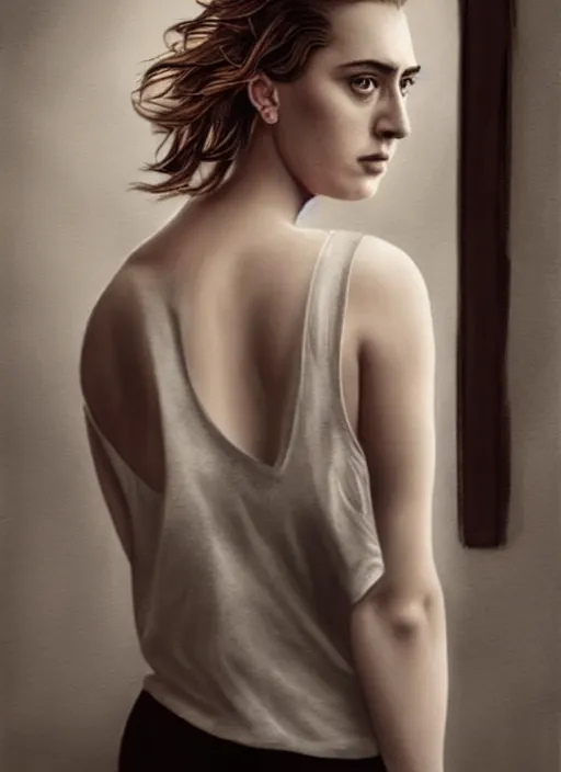 Image similar to full length photo of Adèle Haenel in a tanktop in the style of stefan kostic, full body, not realistic, sharp focus, 8k high definition, insanely detailed, intricate, elegant, art by stanley lau and artgerm