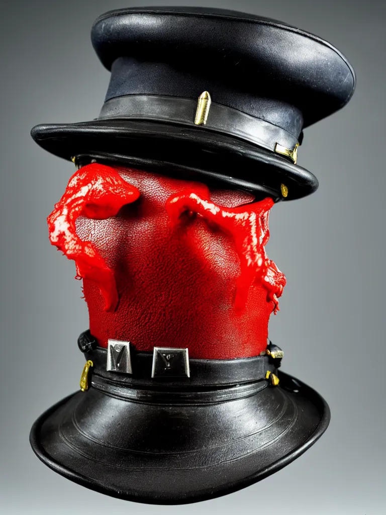 Prompt: a perfect colour portrait of a policeman tipping his hat. his leathery squidlike skin is contracting rapidly and ripping. leaking pva glue from the fissures in his stressed, agonising skin. brightly lit studio lighting