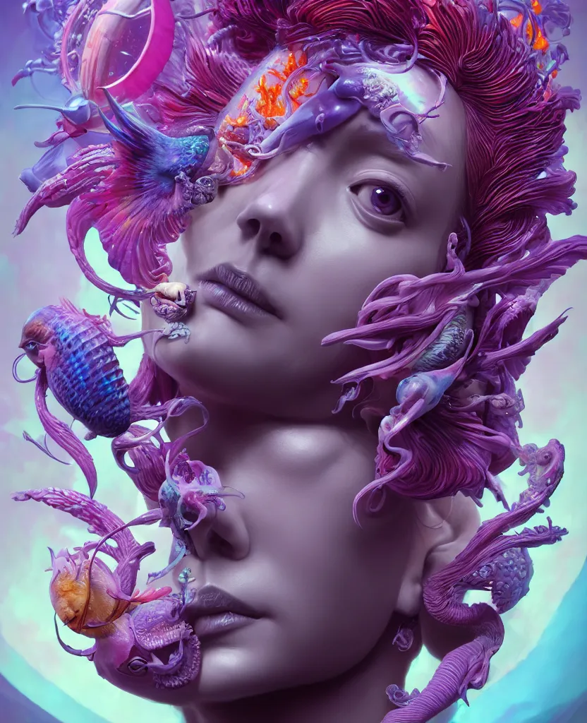 Image similar to goddess full color painted acryllic sculpture close-up portrait. orchid bird phoenix head, nautilus, skull, betta fish, bioluminiscent creatures, intricate artwork by Tooth Wu and wlop and beeple. octane render, trending on artstation, greg rutkowski very coherent symmetrical artwork. cinematic, hyper realism, high detail, octane render, 8k