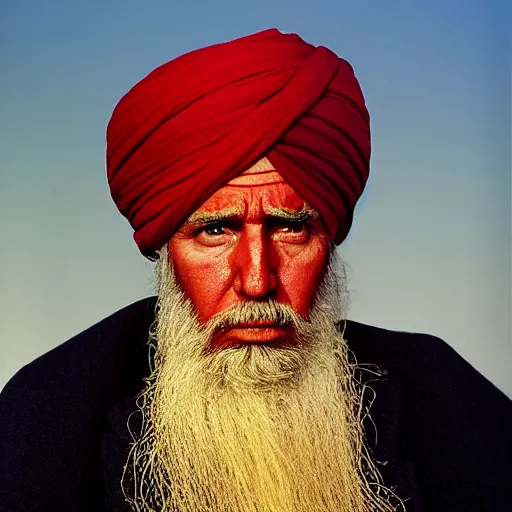 Image similar to portrait of president donald trump as afghan man, green eyes and red turban looking intently, photograph by steve mccurry