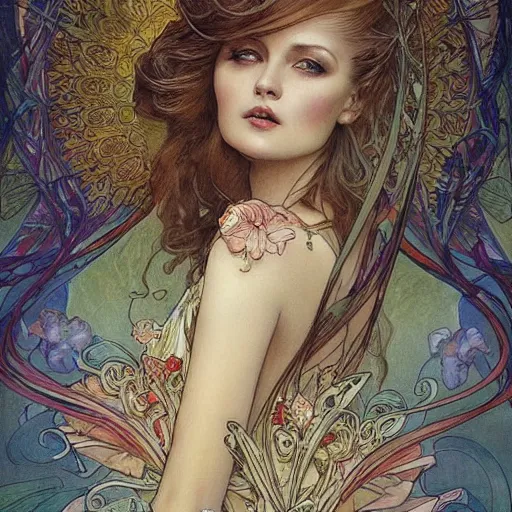 Prompt: Tatiana Hordiienko and Mucha collaboration artwork,beautiful