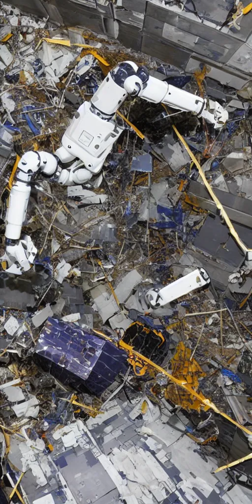 Image similar to the robot extended its mechanical arm to recover the debris in space.