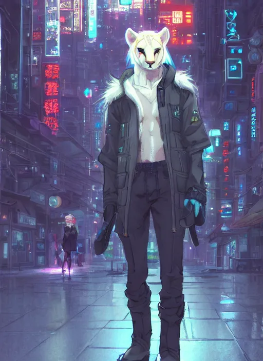 Image similar to character portrait of a male anthro albino mountain lion fursona with a tail and a cute beautiful attractive furry face wearing stylish cyberpunk clothes in a cyberpunk city at night while it rains. hidari, color page, tankoban, 4K, tone mapping, Akihiko Yoshida.