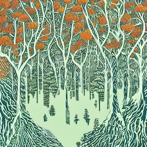 Prompt: linocut print of lush forest, amazing art, highly detailed, intricate, color, masterpiece, by victo ngai,