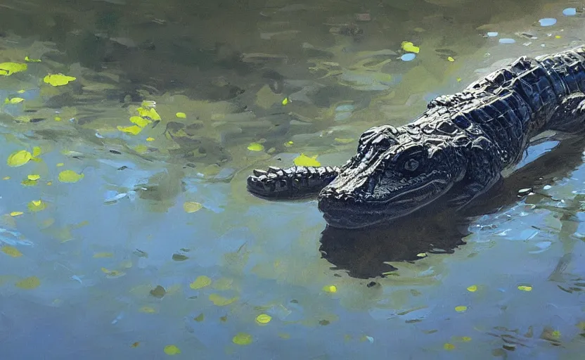 Prompt: a cute alligator in a river by Atey Ghailan and Michael Garmash