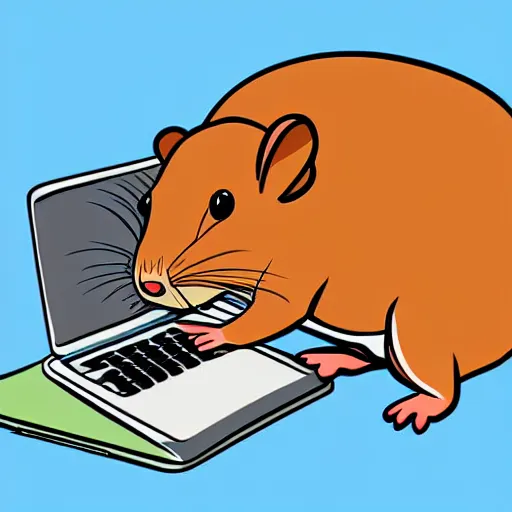 Image similar to digital drawing, art station, vector drawing, cartoon hampster trying to catch breath and sweating next to a computer server