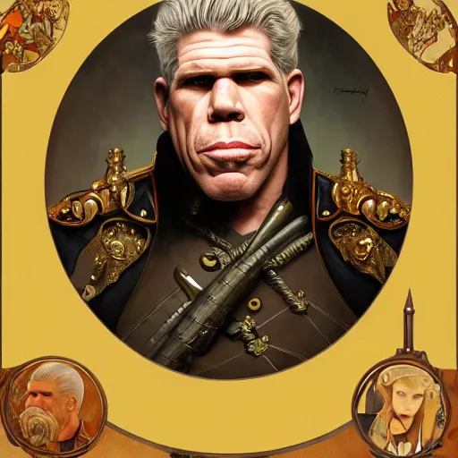 Image similar to full portrait of ron perlman as colonel wednesday bologna, fantasy, d & d, intricate, detailed, by by alphonse mucha, adolfo hohenstein, alice russell glenny, stanley artgerm lau, greg rutkowski, detailed, trending on artstation, trending on artstation, smooth