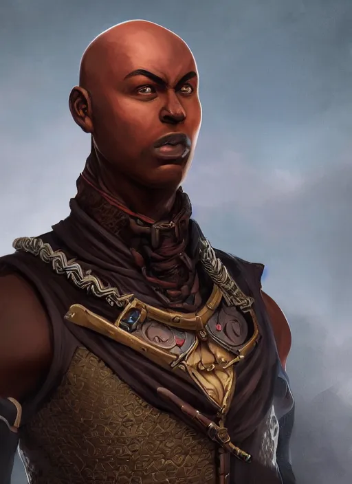 Prompt: An epic fantasy comic book style portrait painting of a young dark skinned thief with broad shoulders and a bald head in a vest in the style of the wheel of time in the style of the wheel of time, unreal 5, DAZ, hyperrealistic, octane render, cosplay, RPG portrait, dynamic lighting