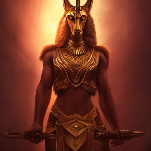 Image similar to Majestic gracious Anubis female warrior portrait, atmospheric lighting, painted, intricate, volumetric lighting, beautiful, rich deep colors masterpiece, golden hour, sharp focus, ultra detailed, by Leesha Hannigan, Ross Tran, Thierry Doizon, Kai Carpenter, Ignacio Fernández Ríos