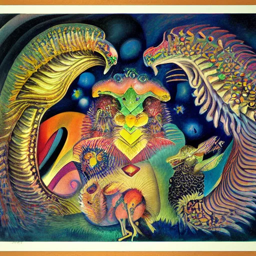 Image similar to strange mythical beasts of whimsy, surreal oil painting by Ronny Khalil and Kandinsky, drawn by Ernst Haeckel, as an offering to Zeus