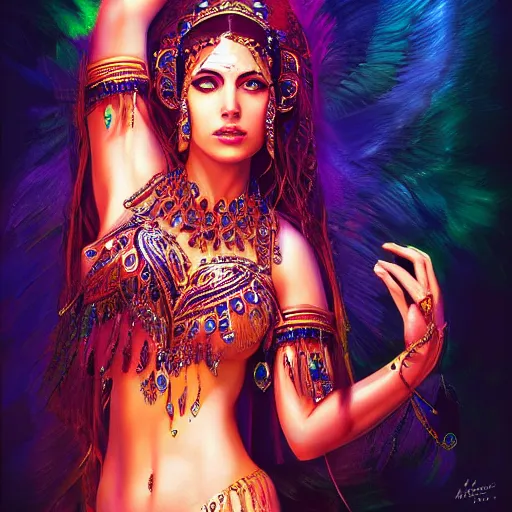 Prompt: photo of a beautiful female bellydancer, sharp focus, illustration, ultra real, masterpiece, glowing holy aura by magali villeneuve and stanley artgerm lau, wlop in the style of 1 3 ghosts