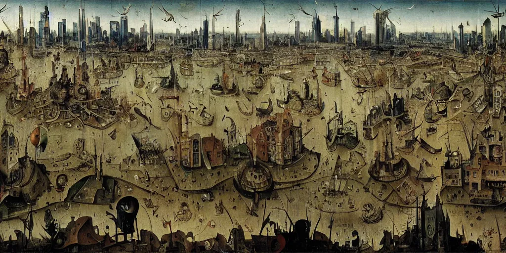 Prompt: view of a crowded cyberpunk city painted by hieronymus bosch, highly detailed, intricate, landscape, art by hieronymus bosch