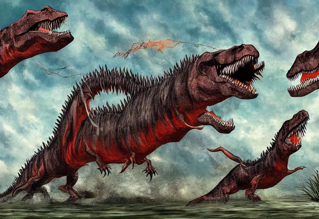 Prompt: Very detailed digital painting of a spinosaurus fighting with a t rex