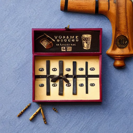 Image similar to vintage gift box for men, stamped with sealing wax, old school, wes anderson style