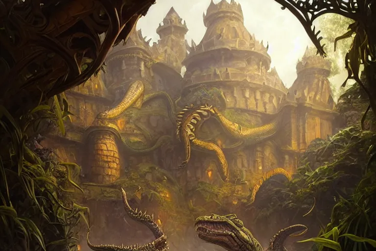 Image similar to path to the crocodile god lair, menacing statues of reptiles, deep focus, d & d, fantasy, intricate, elegant, highly detailed, digital painting, artstation, concept art, matte, sharp focus, illustration, hearthstone, art by artgerm and greg rutkowski and alphonse mucha