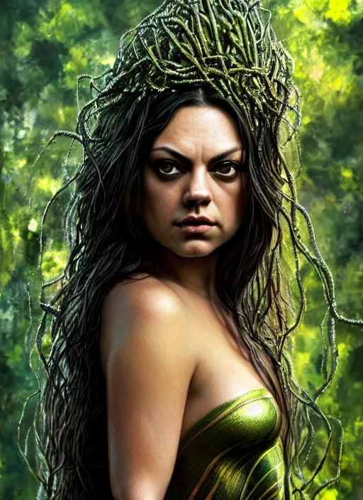 Image similar to photo of a mila kunis as medusa in the style of stefan kostic, realistic, half body shot, sharp focus, 8 k high definition, insanely detailed, intricate, elegant, art by stanley lau and artgerm, extreme bokeh foliage