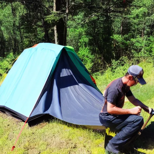 Prompt: man spray painting a camping tent