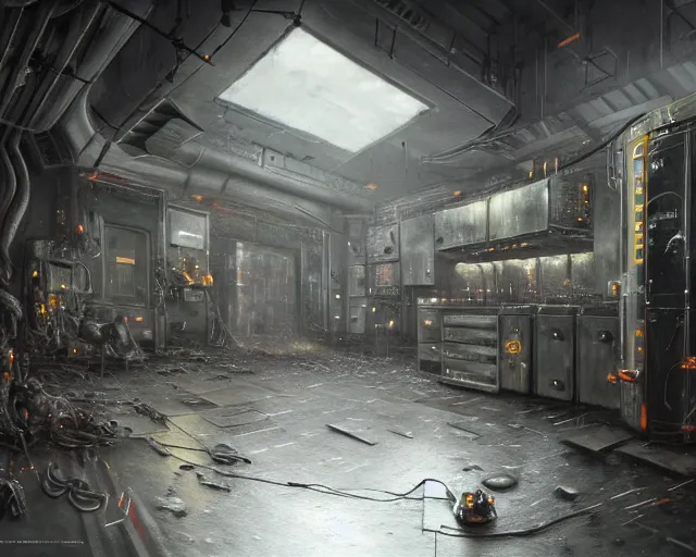 Image similar to gloomy ruined server room in datacenter robot automata rusty steel robot knight colossus welder pacing fixing soldering mono sharp focus, emitting diodes, smoke, artillery, sparks, racks, system unit, motherboard, by pascal blanche rutkowski repin artstation hyperrealism painting concept art of detailed character design matte painting, 4 k resolution blade runner