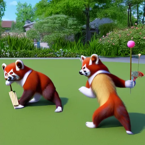 Image similar to very cute friendly happy high energy red pandas at a garden party playing croquet, artwork by Don Bluth, 3D render, UE5, 8K, 4K