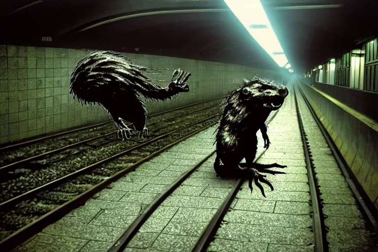 Image similar to very large giant mutant zombie irradiated ( angry rat ) staying on railways in tonnel of moscow subway. tonnel, railways, giant angry rat, furr, fangs, claws, very realistic. fog, extreme long shot, herman nitsch, giger.