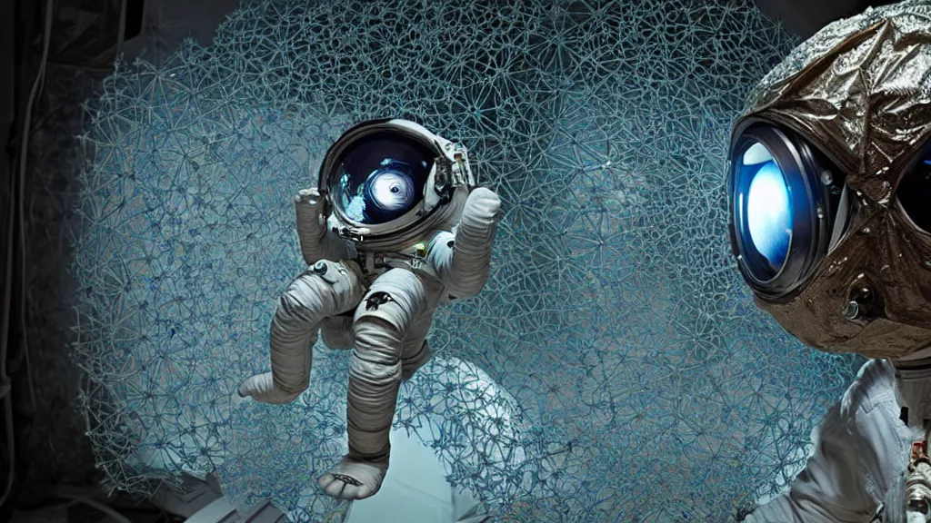 Image similar to a astronaut eva suit covered in diamond 3d fractal lace iridescent bubble 3d skin and covered with insectoid compound eye camera lenses floats through the living room, film still from the movie directed by Denis Villeneuve with art direction by Salvador Dalí, wide lens,