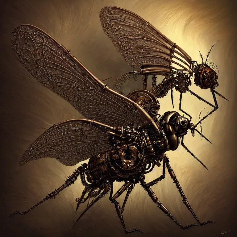 Image similar to steampunk cybernetic biomechanical mosquito with wings, 3 d model, very coherent symmetrical artwork, unreal engine realistic render, 8 k, micro detail, intricate, elegant, highly detailed, centered, digital painting, artstation, smooth, sharp focus, illustration, artgerm, tomasz alen kopera, wlop