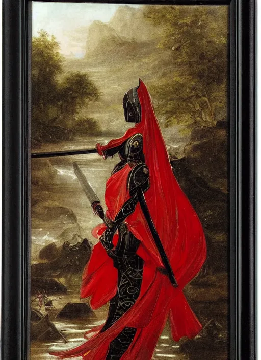 Image similar to woman in dark and red princess dragon armor, she is holding a katana sword, walking on an ancient flooded bridge. by william henry hunt