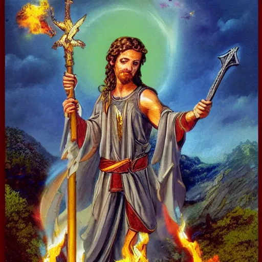 Image similar to an awe inspiring photo of a biblically accurate seraphim, holding a giant, rotatingz flaming sword, guarding the entrance to garden of eden.