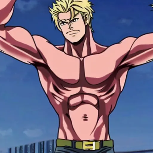 Prompt: Still of Chris Hemsworth with a very muscular body type, anime art, anime style