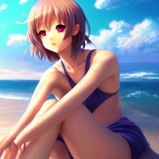 Image similar to beautiful serene intricate very detailed portrait of a realistic anime girl taking a selfie smiling softly, relaxing on the beach, golden hour, soft focus, 8 k, art by irakli nadar, hyperrealism, hyperdetailed, ultra realistic